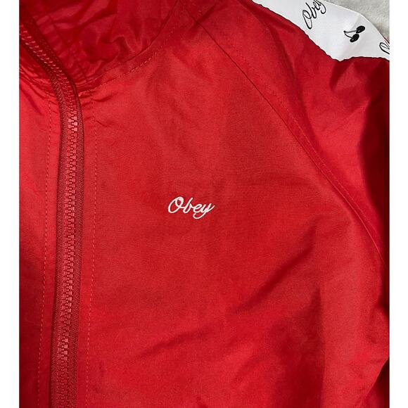 Women’s Obey Worldwide Cherry Windbreaker Full Zip Jacket Red Lightweight Coat - Picture 6 of 11